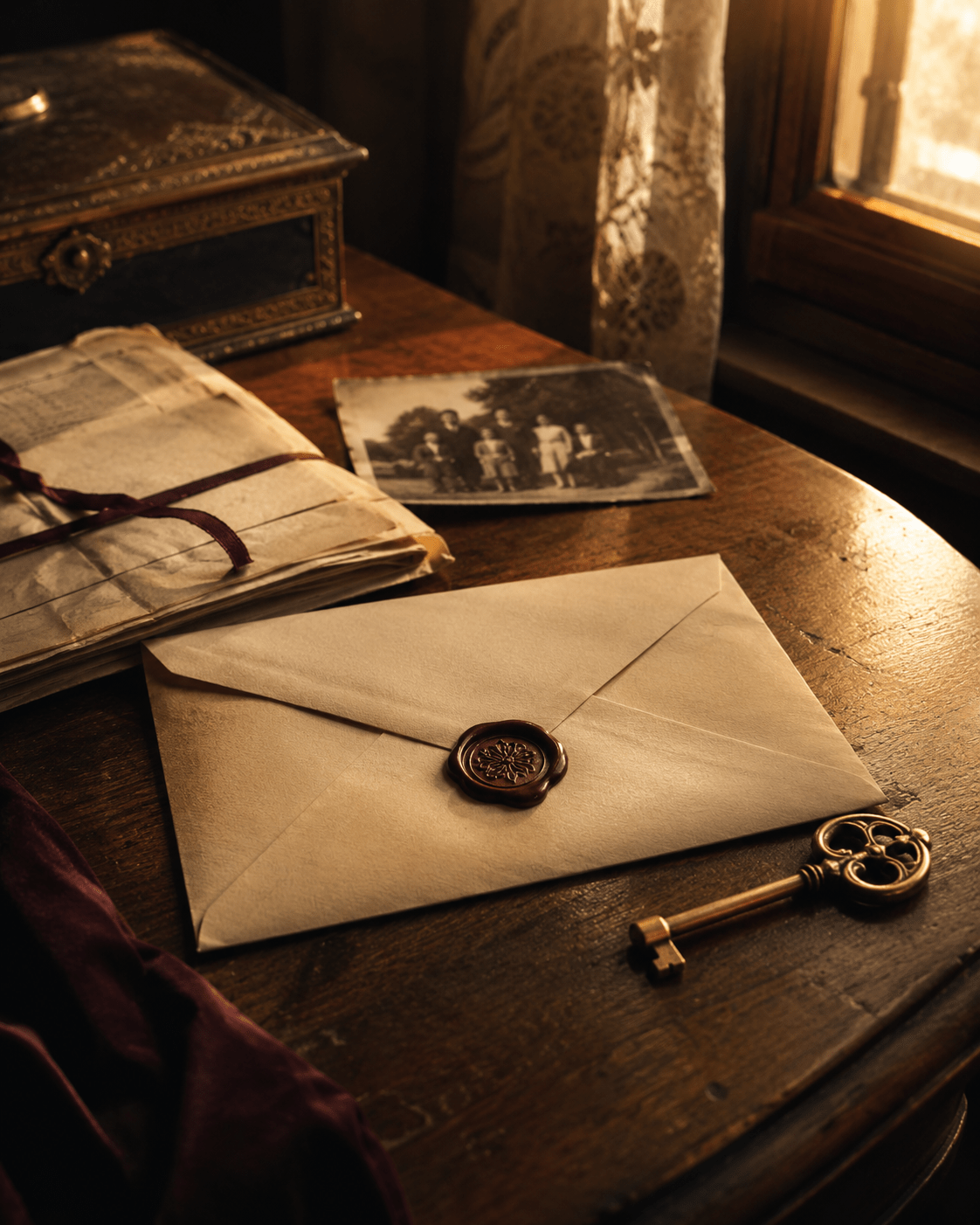 The Second Envelope sealed letter with old family photo and antique key