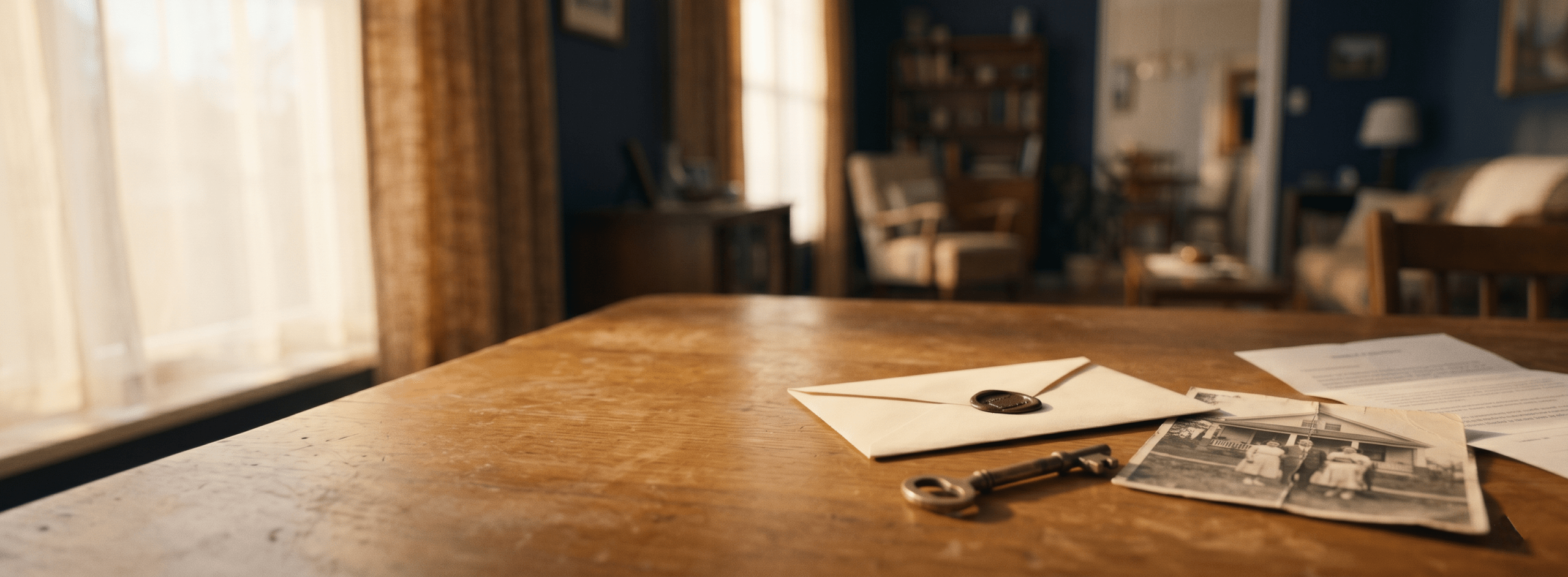 The Second Envelope family drama scene with sealed letter on old wooden table