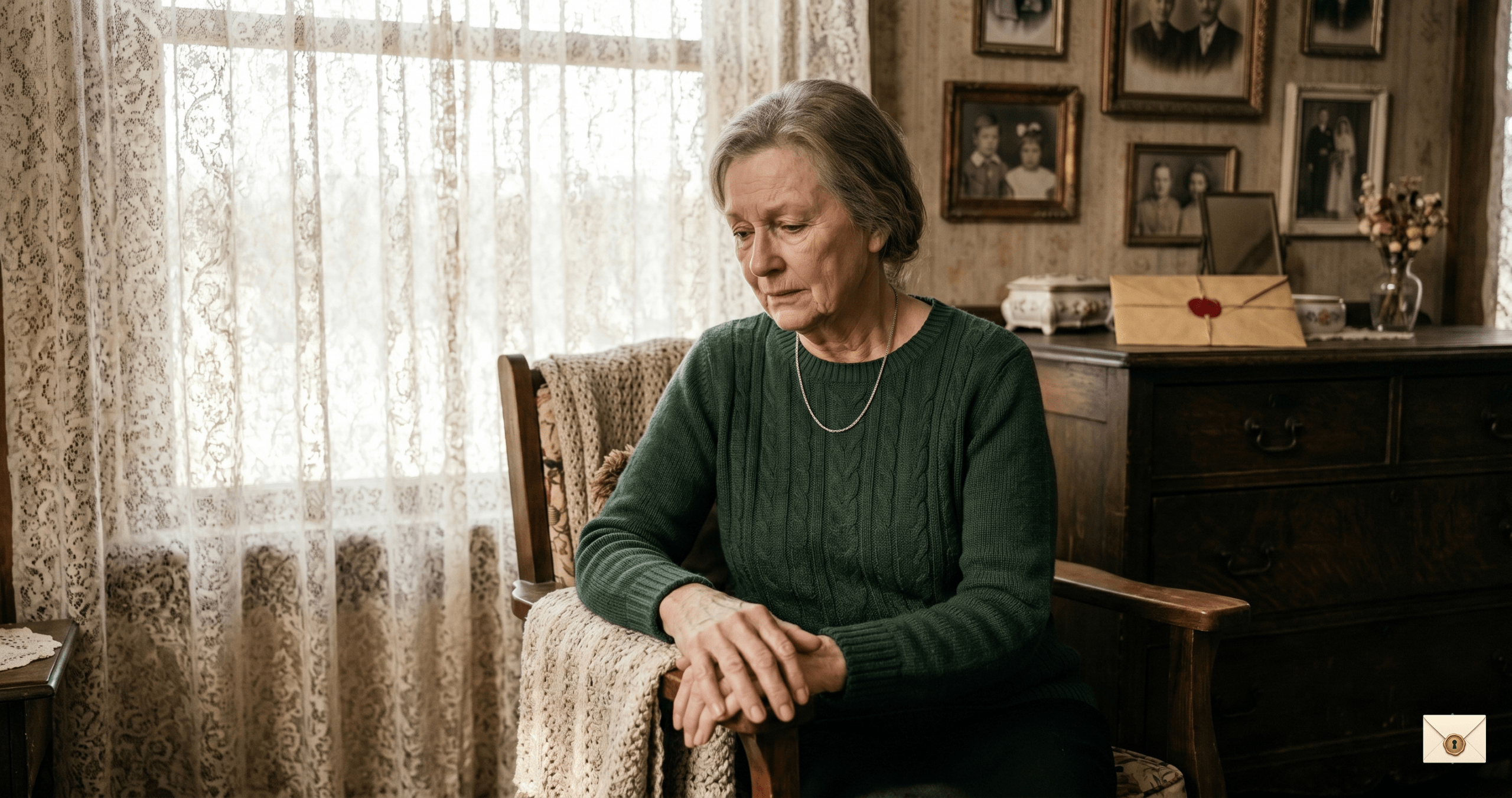 Abandoned mother story showing an elderly woman sitting alone near a window in an old family home