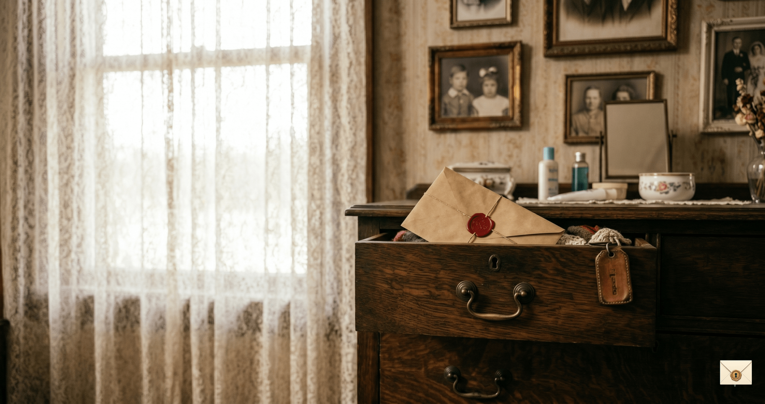 Abandoned mother story showing a locked drawer with a sealed letter inside an old family bedroom