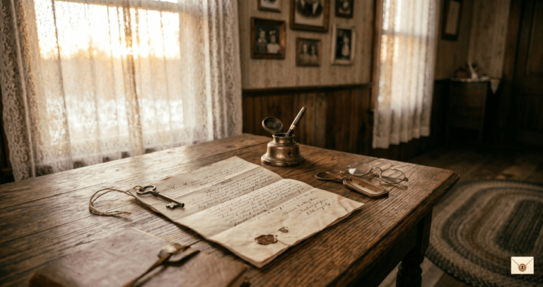 Old farmhouse inheritance story showing a property deed on a wooden table inside a barn office