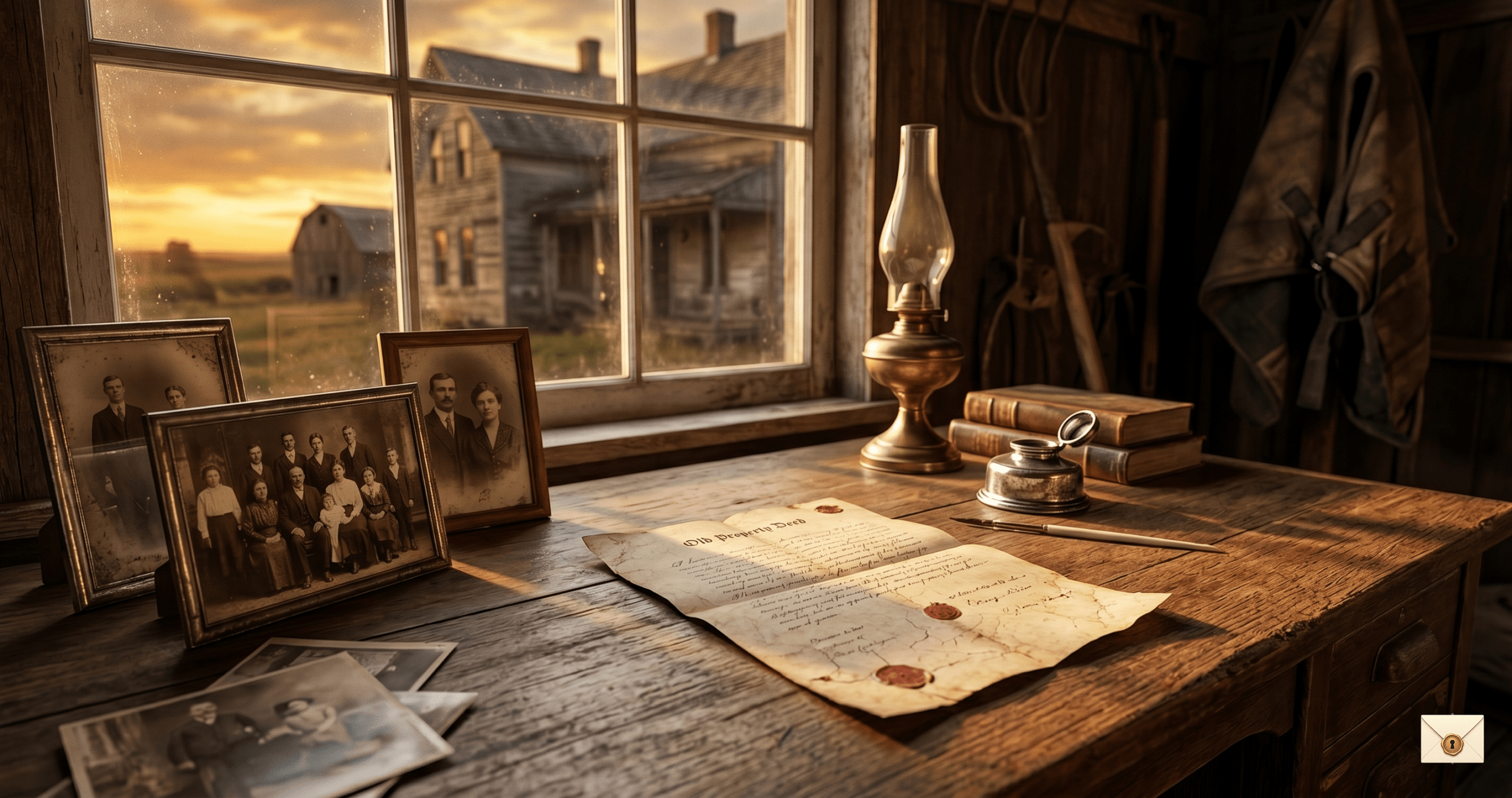 Old farmhouse inheritance story showing a property deed on a wooden table inside a barn office