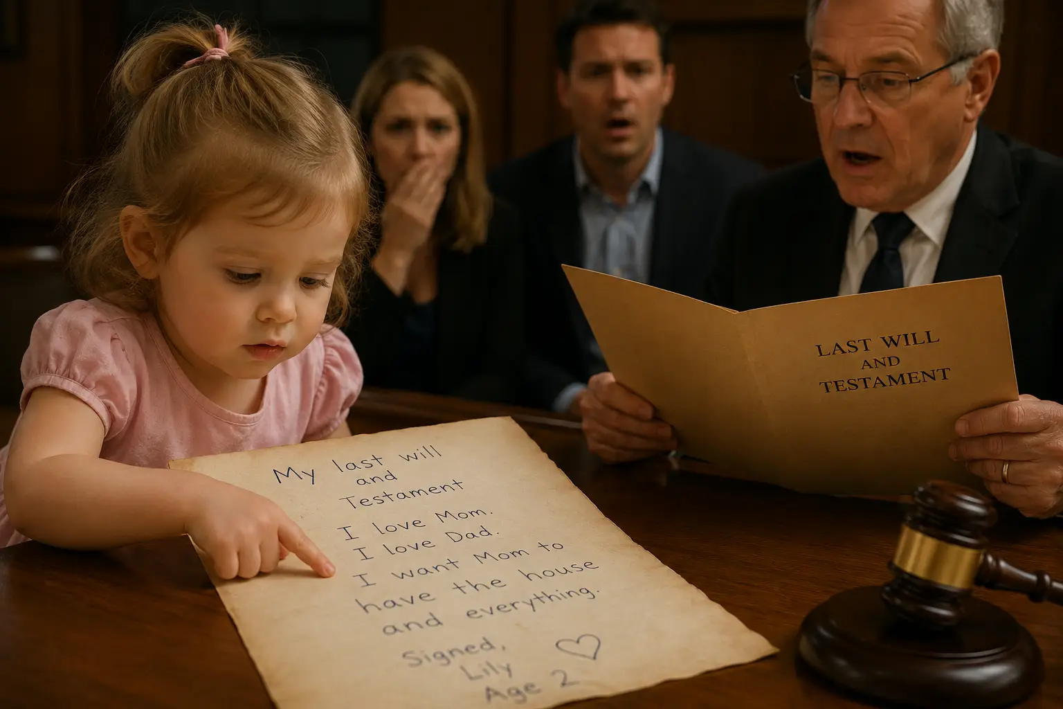 Page two will story with a lawyer reading a hidden will while shocked relatives listen after the funeral