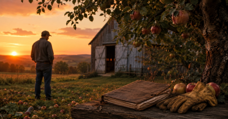 Old apple tree near a barn at sunset with a farm ledger and pruning gloves on a wooden bench.