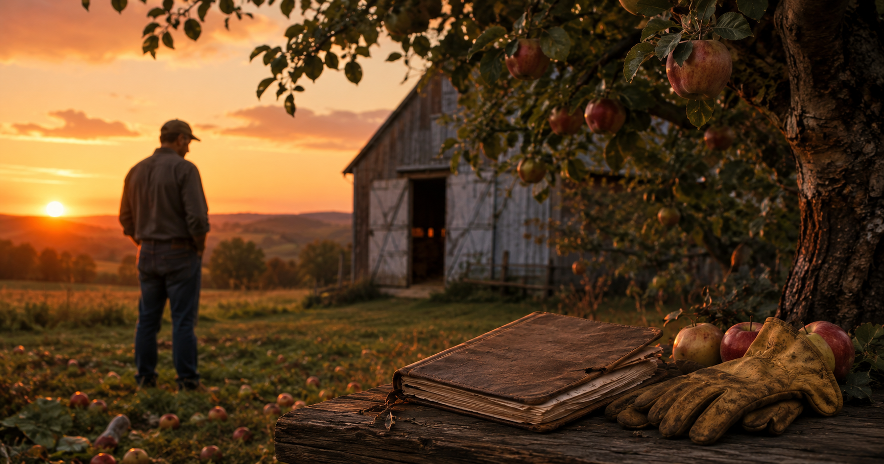 Old apple tree near a barn at sunset with a farm ledger and pruning gloves on a wooden bench.