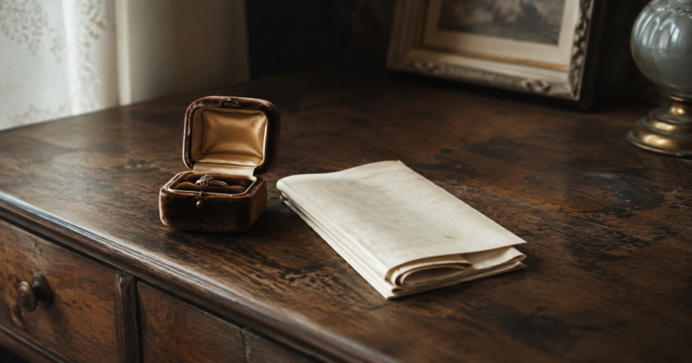 Antique ring pouch beside a folded property deed on an old dresser in soft natural light