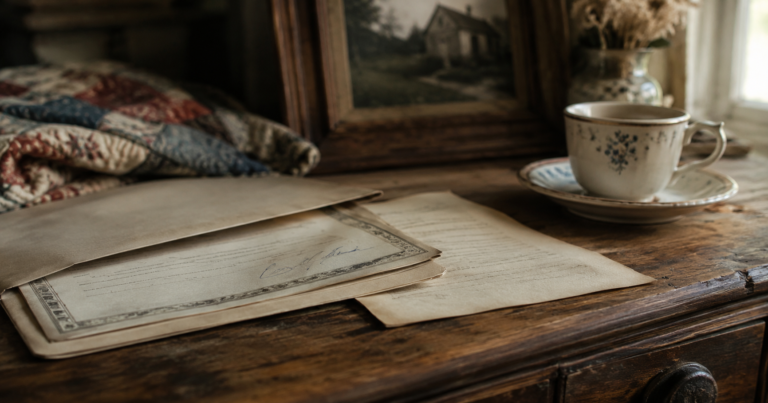 Farmhouse hidden deed signed in blue ink beside a resignation letter and teacup on an old wooden dresser