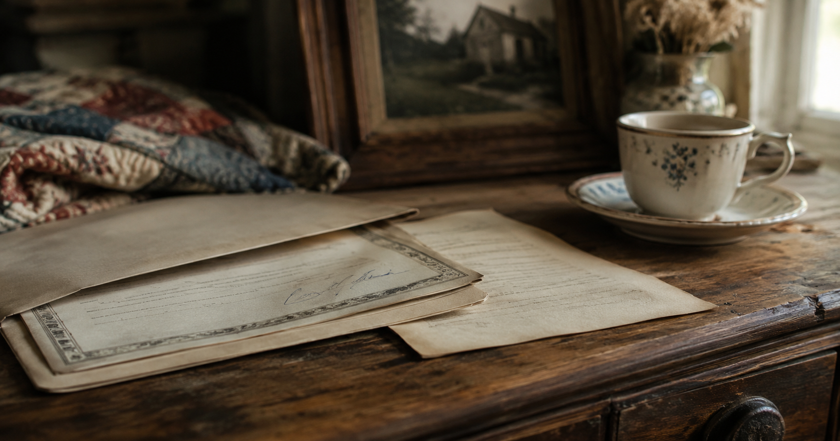 Farmhouse hidden deed signed in blue ink beside a resignation letter and teacup on an old wooden dresser