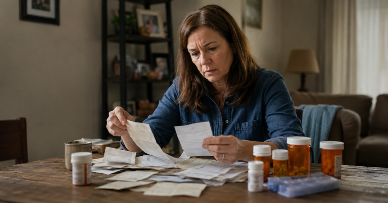 Middle-aged daughter sorting old utility bills and medicine bottles on a wooden table in soft natural light