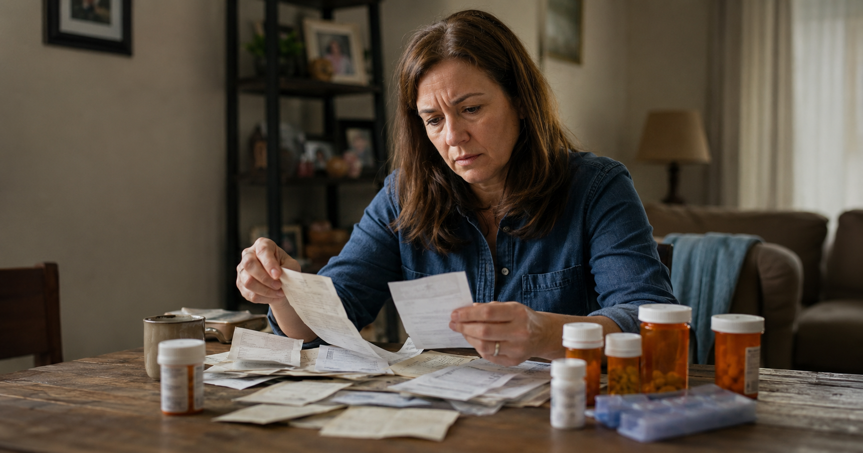 Middle-aged daughter sorting old utility bills and medicine bottles on a wooden table in soft natural light