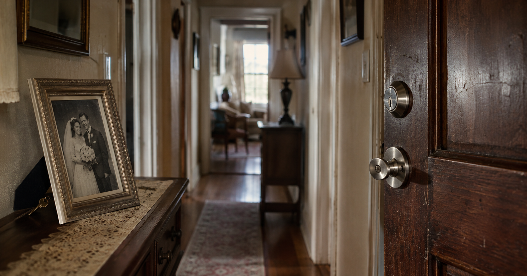 Old house hallway with changed locks, framed wedding photo, and hidden key in soft natural light