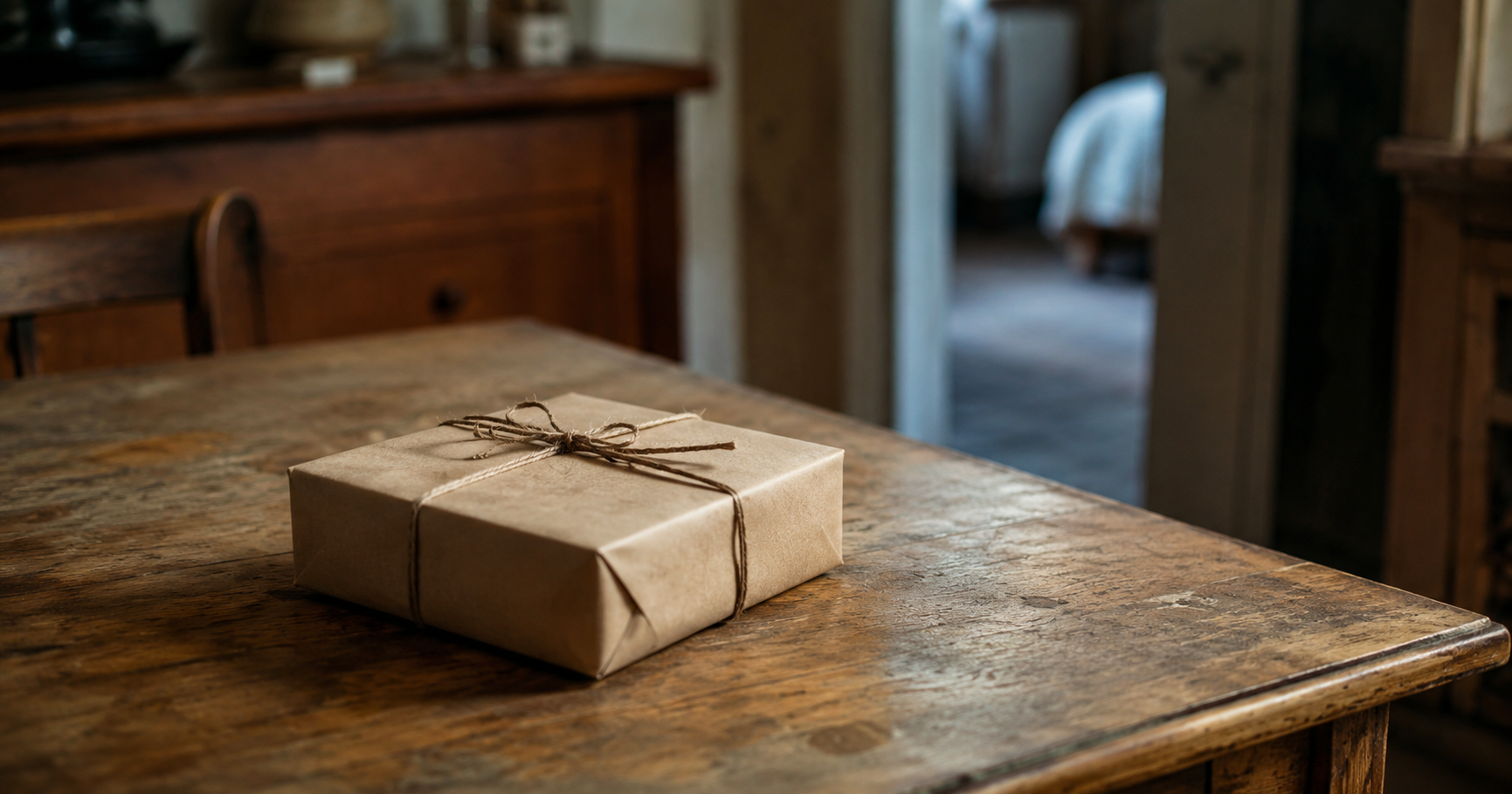 Small wrapped box on an old kitchen table in a softly lit older family home