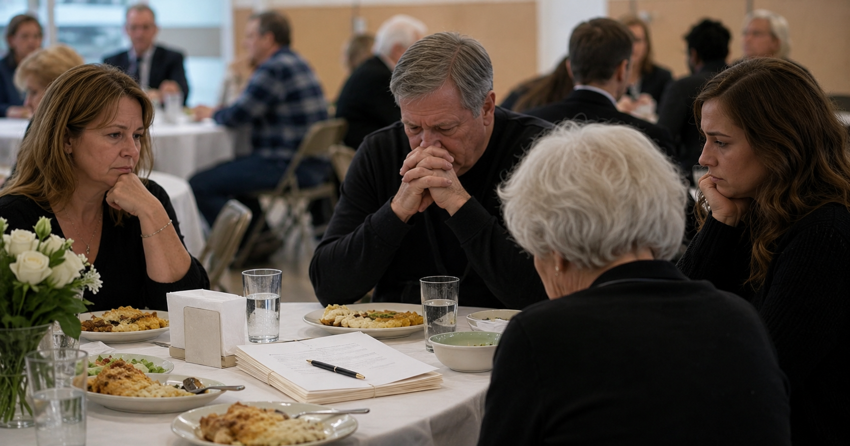 Church basement funeral lunch with family members sitting silently around untouched casserole plates and a will document on the table.