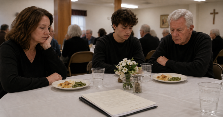 Church basement funeral lunch with grieving family members, untouched casserole plates, and a will document on the table.