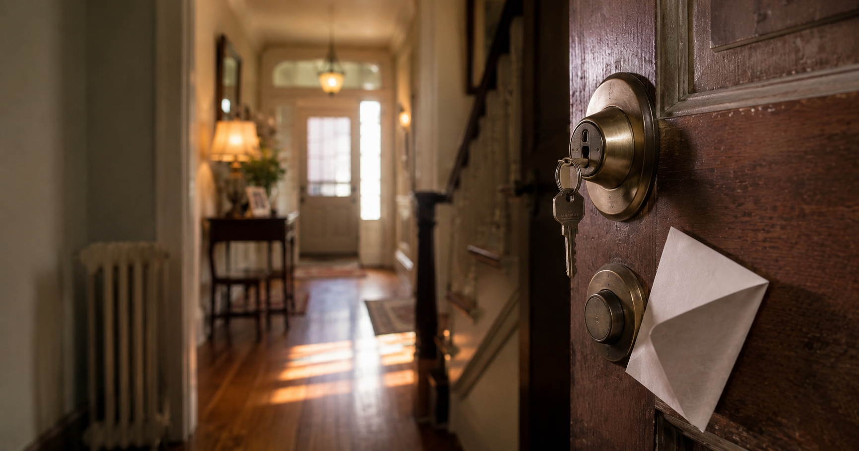 Old townhouse front door with a new lock, spare key, and folded letter in a warmly lit hallway.