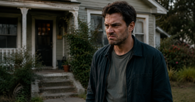 Angry man standing outside an old family home with a tense expression in natural soft light.