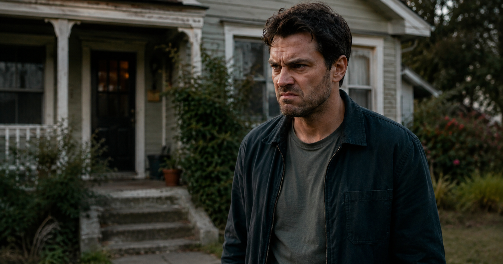 Angry man standing outside an old family home with a tense expression in natural soft light.