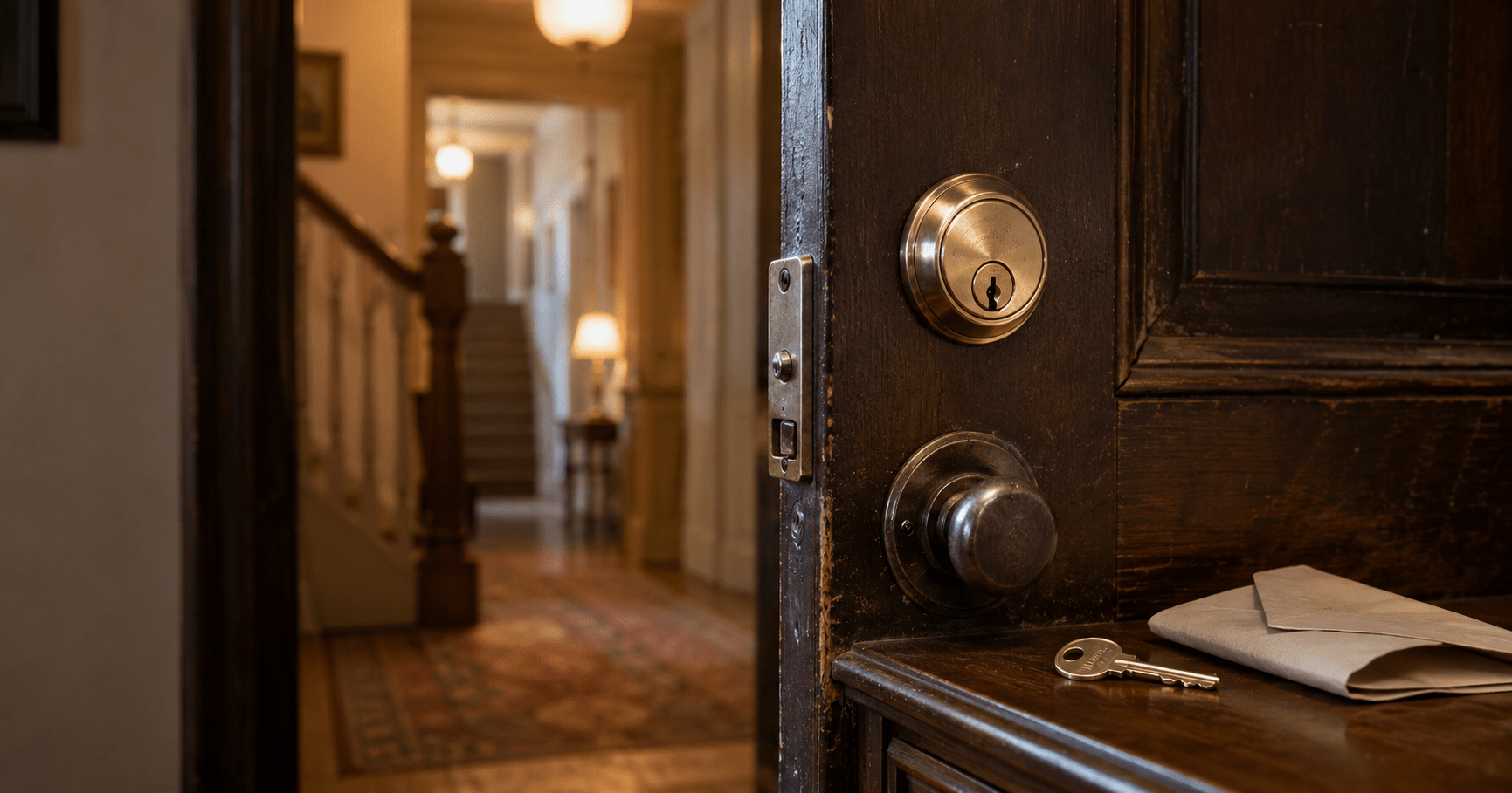 Old townhouse front door with new lock, spare key, and folded letter in warm hallway light.