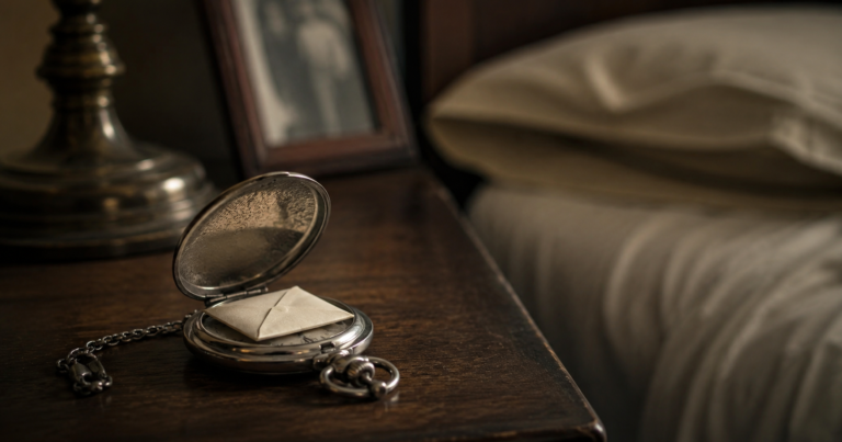 Silver pocket watch open on a bedside table with a tiny folded letter inside in soft natural light.