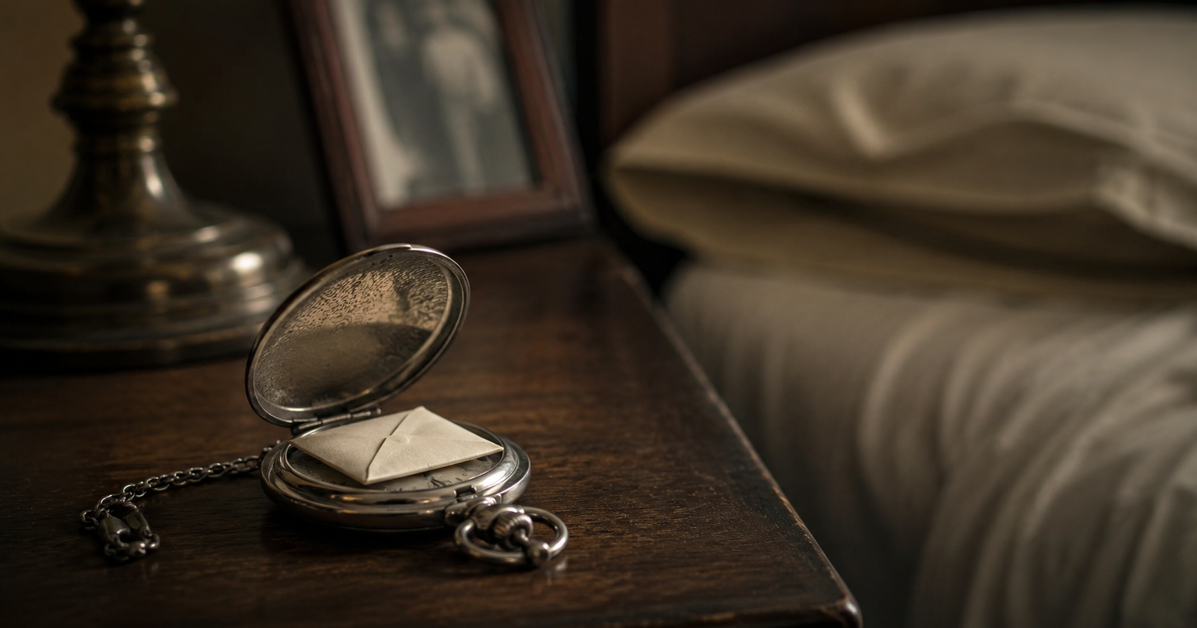 Silver pocket watch open on a bedside table with a tiny folded letter inside in soft natural light.