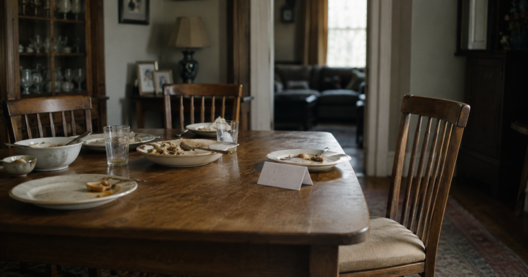 Family dining room with one empty chair, old dishes on the table, and a folded note beside a plate.