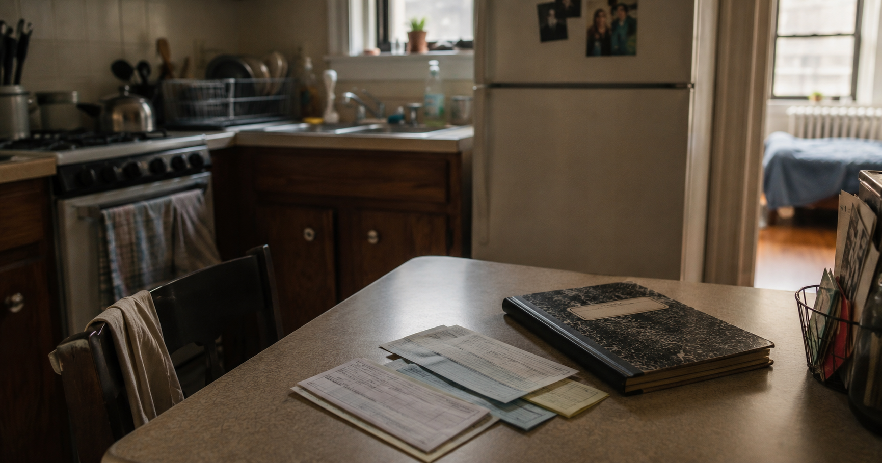 Brooklyn apartment rent book with money order stubs on a small kitchen counter in natural soft light.