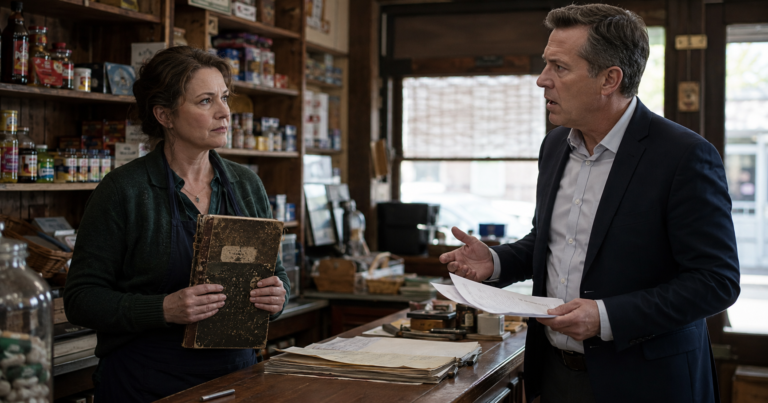 Clare holds an old ledger inside the family shop while her brother Simon argues with sale papers in his hand.