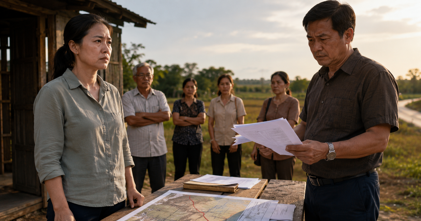 Rachel stands near her father’s land while family papers reveal a hidden road plan and inheritance conflict.