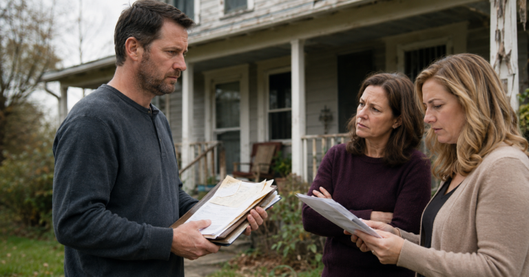 Daniel holds care records outside his father’s house while his sisters question inheritance papers.