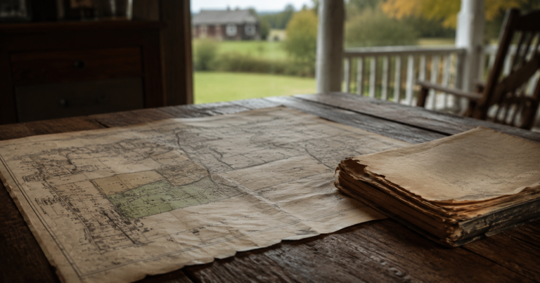 Old rural land map and deed papers on a wooden table inside an older family home.