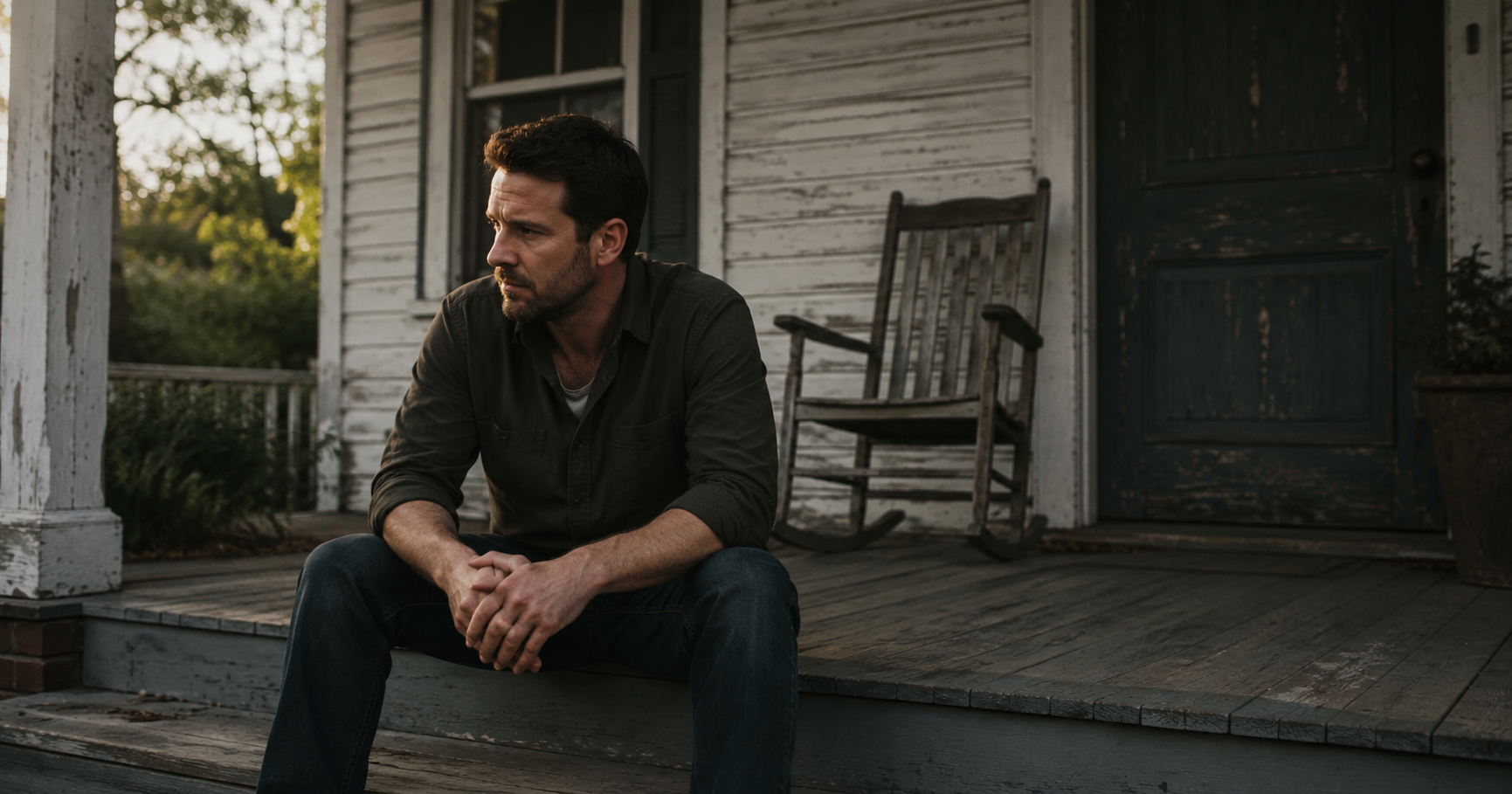 Daniel sits alone on the porch of his father’s old house after years of caregiving and family conflict.