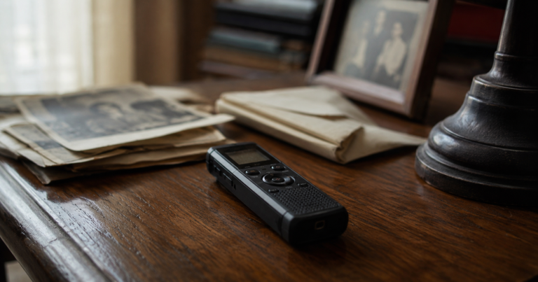 Old voice recorder on a wooden desk beside family papers and faded photographs inside an older home.