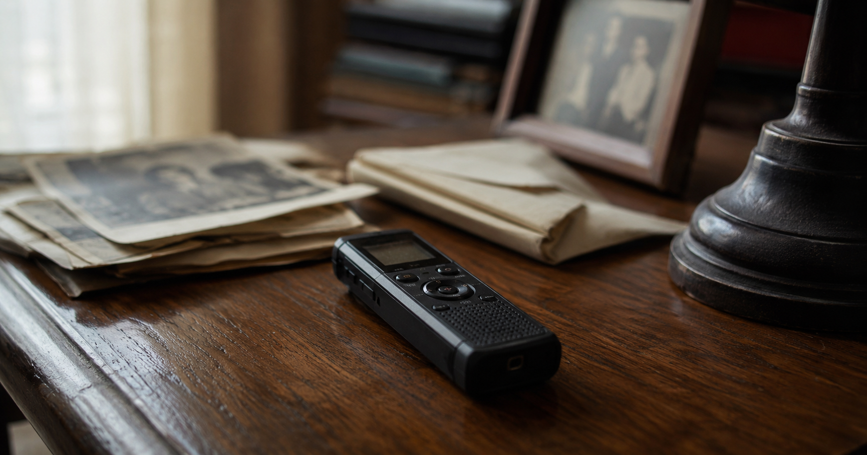Old voice recorder on a wooden desk beside family papers and faded photographs inside an older home.
