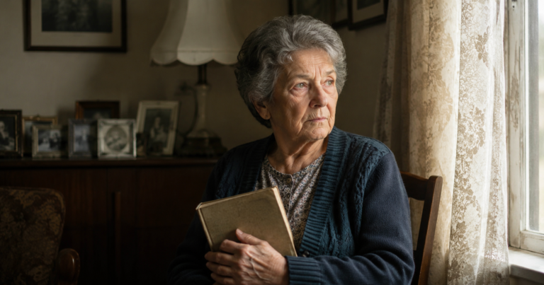 Elderly neighbor holds a notebook by the window inside an older family home.