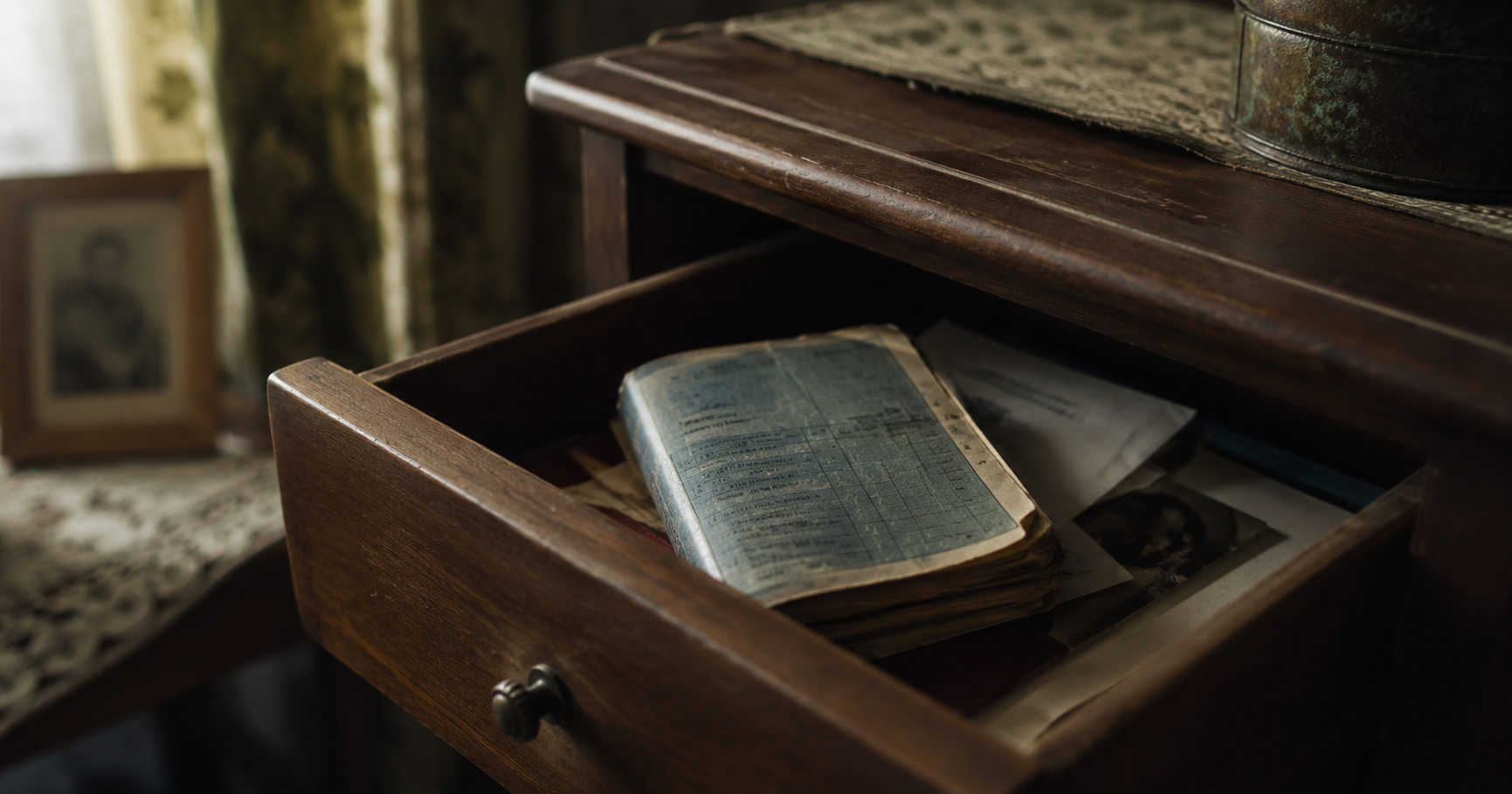 Old bank passbook hidden inside a wooden drawer with family papers and faded photographs.