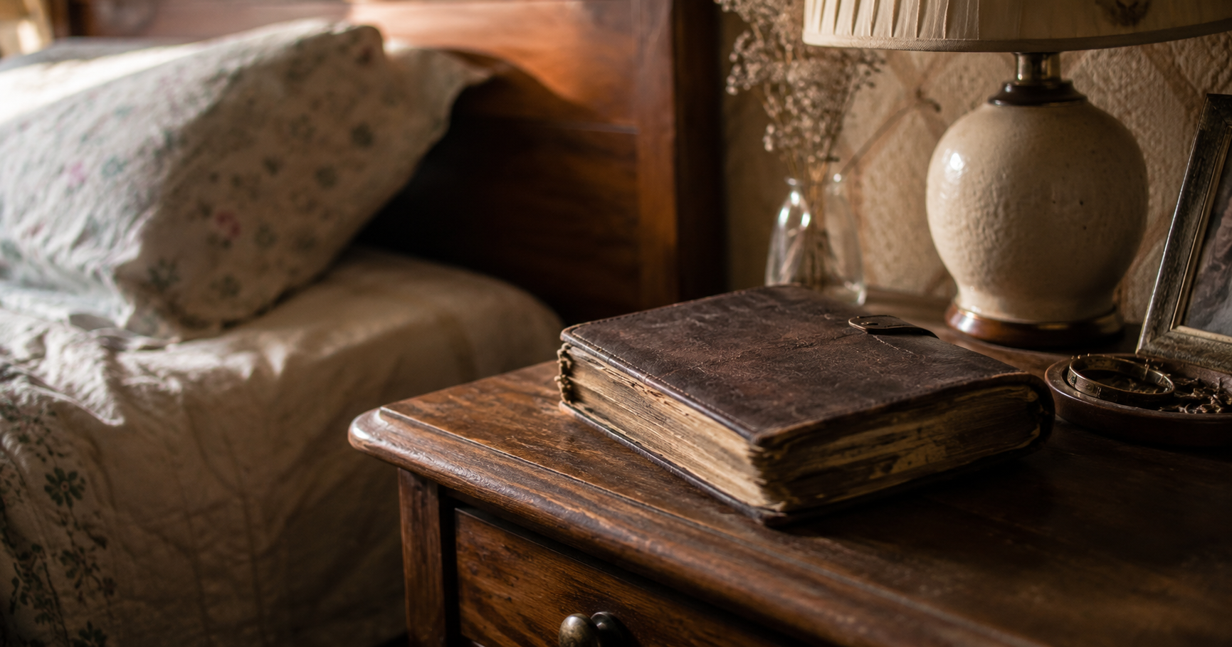 Old diary resting on a wooden bedside table inside an older family bedroom.