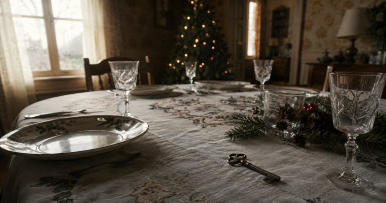Empty Christmas table with one old key resting on the tablecloth inside an older family home.
