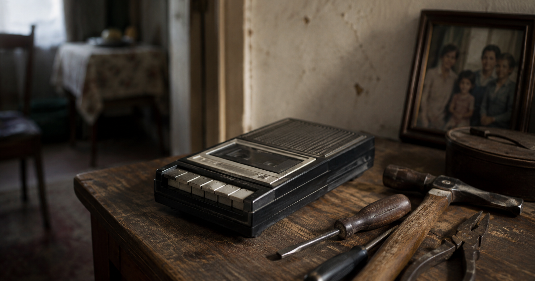 Old cassette recorder beside worn tools and a family photograph inside an older home.