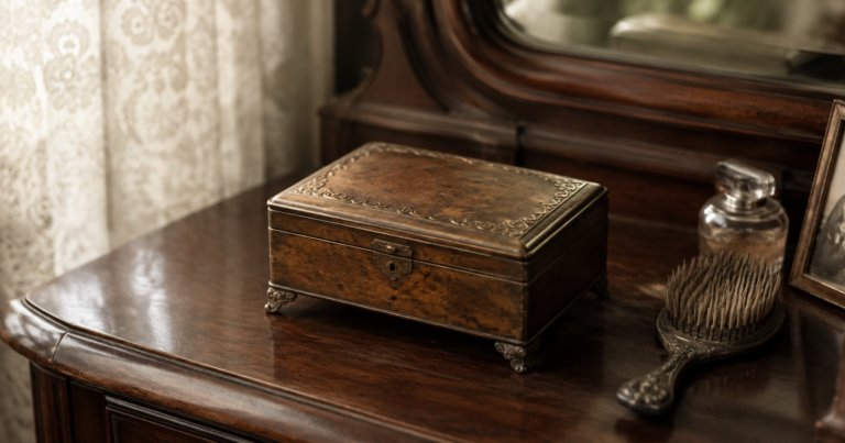 Old jewelry box resting on a wooden vanity inside an older family home.