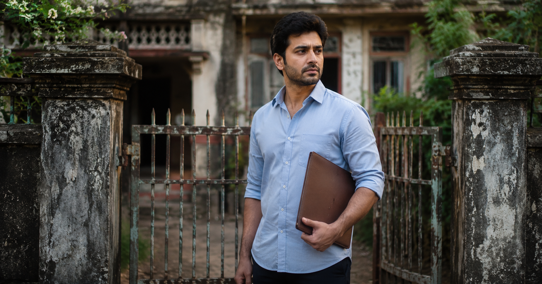 Man stands at an old family gate holding a folder in front of a weathered family home.