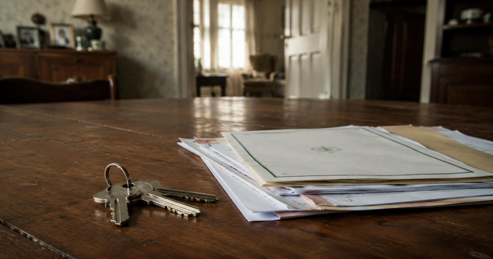 Apartment keys and title papers resting on a wooden table inside an older family home.
