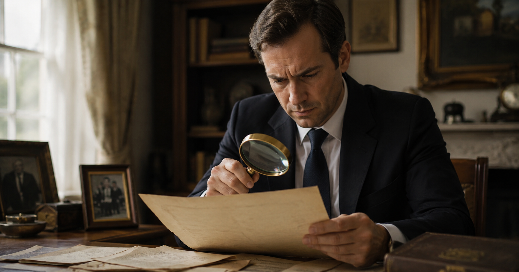 Lawyer studies an old family document with a magnifier inside an older home.