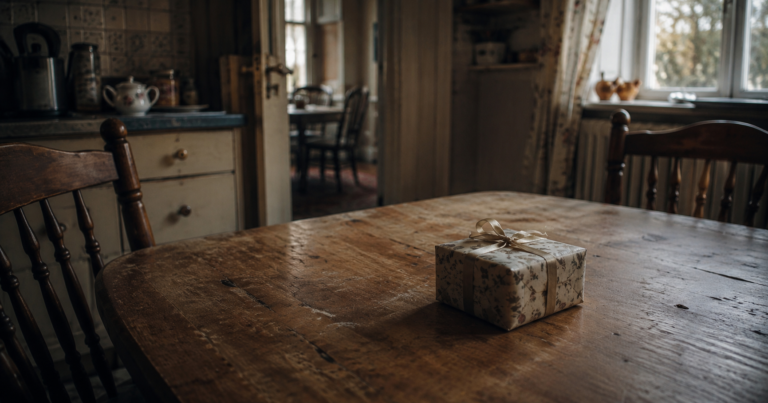 Small wrapped box resting on an old wooden kitchen table inside an older family home.