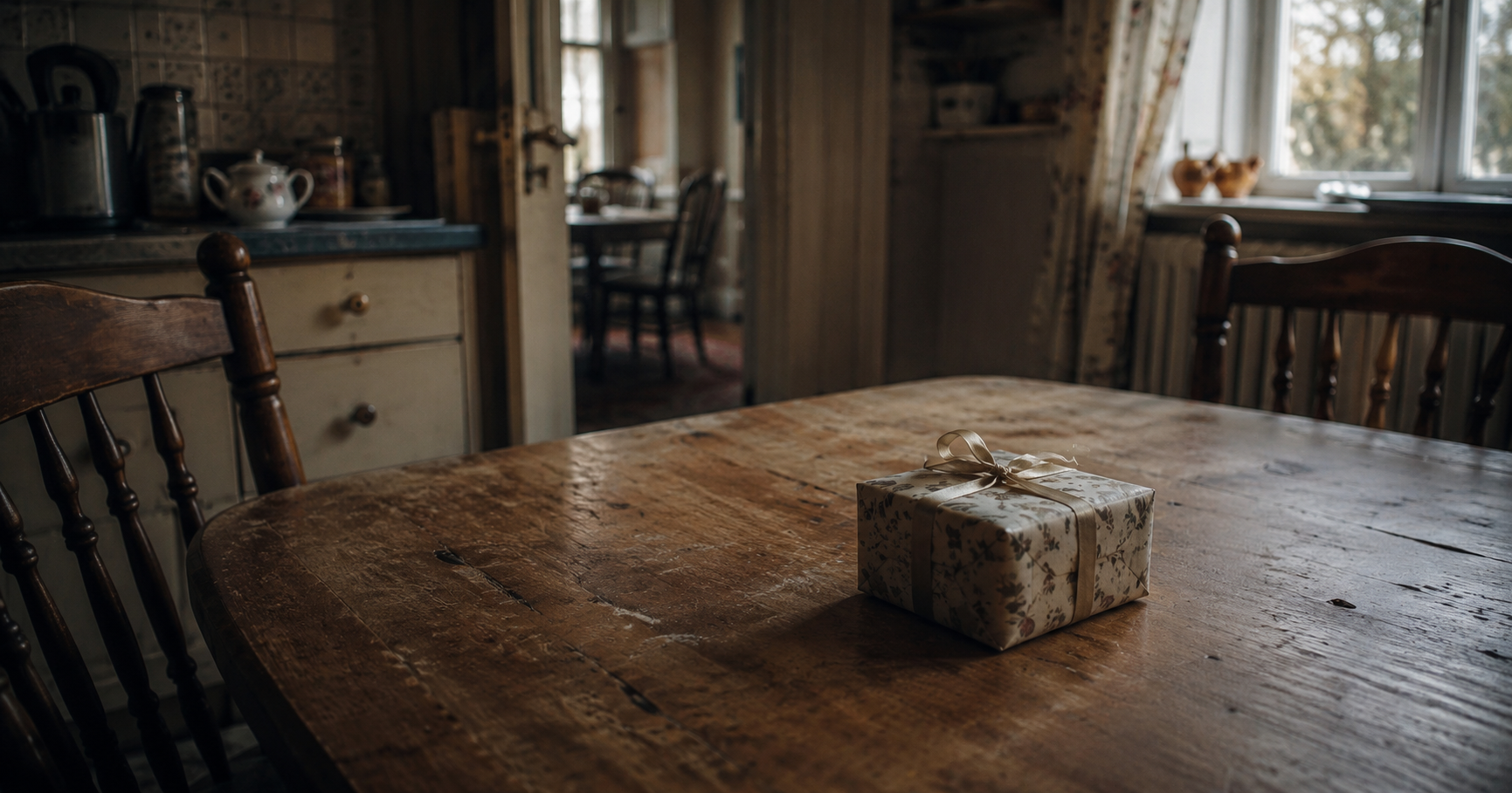 Small wrapped box resting on an old wooden kitchen table inside an older family home.