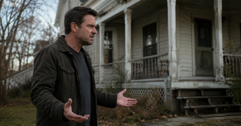 Angry man stands outside an old family home during an inheritance conflict.