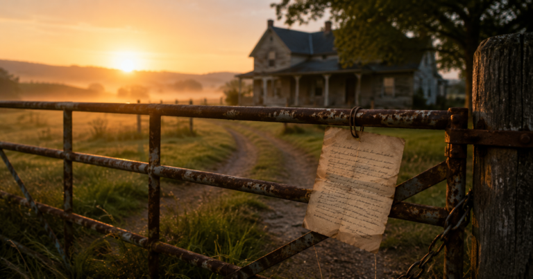 Old letter hanging on a farm gate at sunrise in front of a quiet family farmhouse.