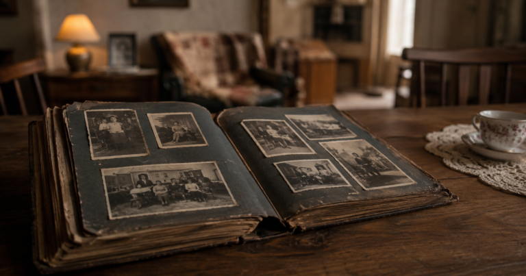 Old photo album open on a wooden table inside an older family home.