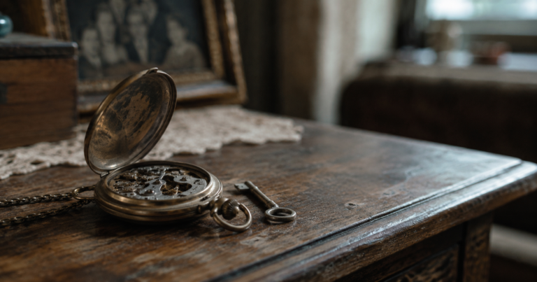 Old pocket watch opened beside a small key on a wooden table inside an older family home.