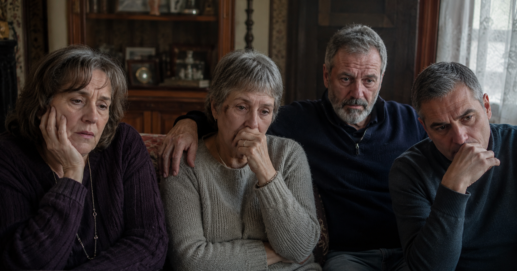 Family members sit together in an old living room while watching a final video message.
