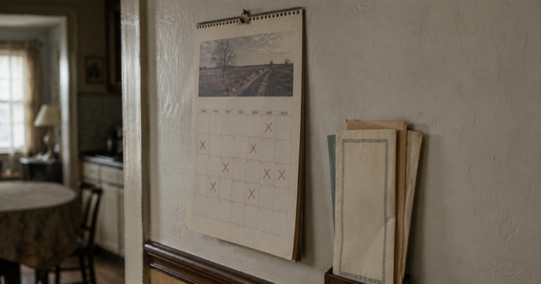 Red visit marks on an old wall calendar sit beside savings bond envelopes, revealing a quiet record of absence, duty, and family disappointment.